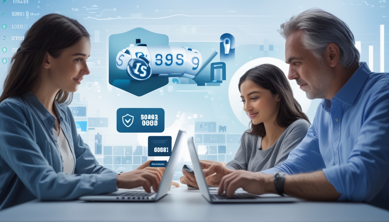 Beberapa orang menggunakan laptop dan ponsel di lingkungan modern yang menampilkan elemen keamanan digital dan angka lotere.