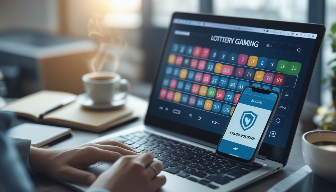 Meja kerja dengan laptop yang menampilkan angka togel online dan tangan yang siap mengetik, serta ponsel yang menunjukkan ikon perlindungan keamanan.