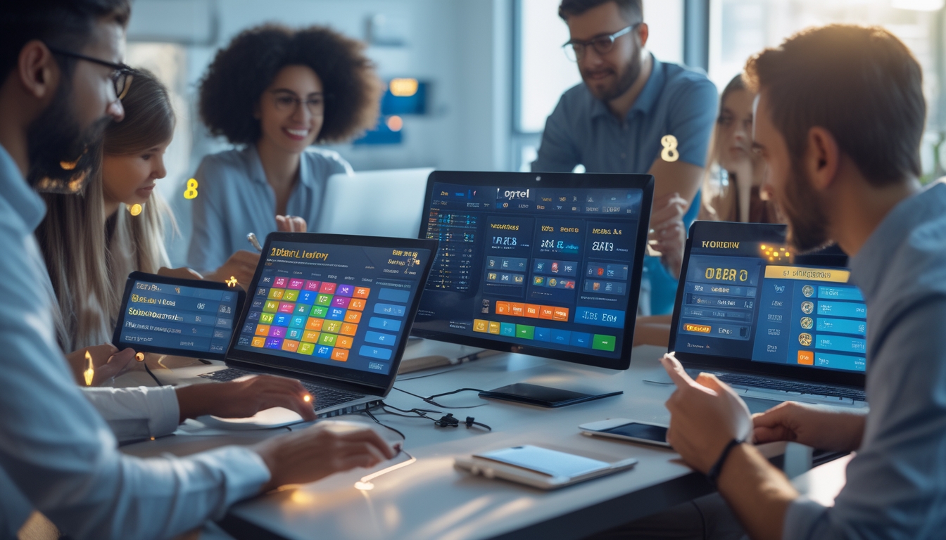 Beberapa orang menggunakan perangkat digital untuk bermain togel online di ruang kantor modern dengan suasana cerah dan nyaman.