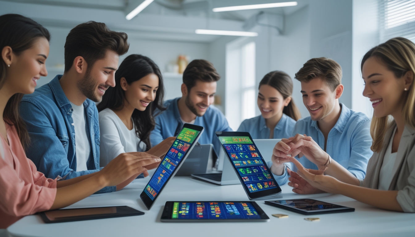 Sekelompok orang muda menggunakan perangkat digital untuk bermain togel online di lingkungan modern dan terang.