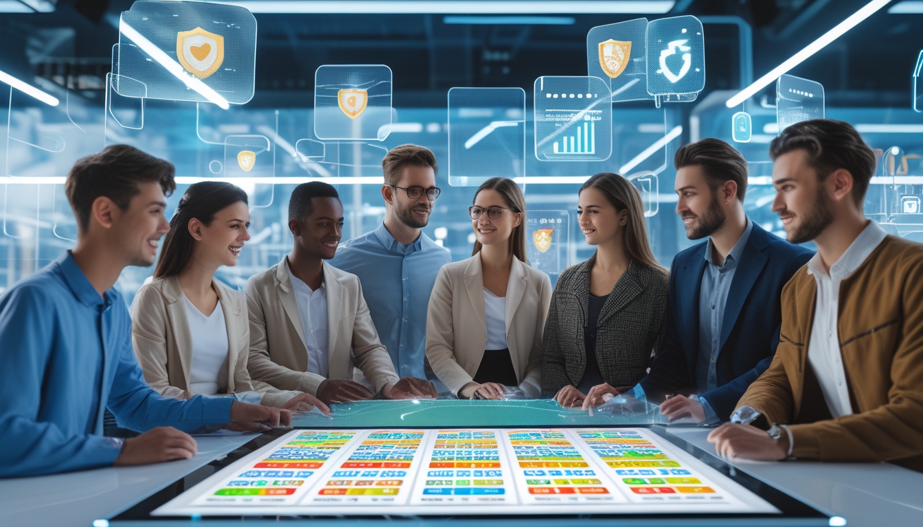 Sekelompok orang muda sedang menggunakan meja sentuh digital dengan tampilan angka togel dan simbol keamanan di latar belakang kota futuristik.