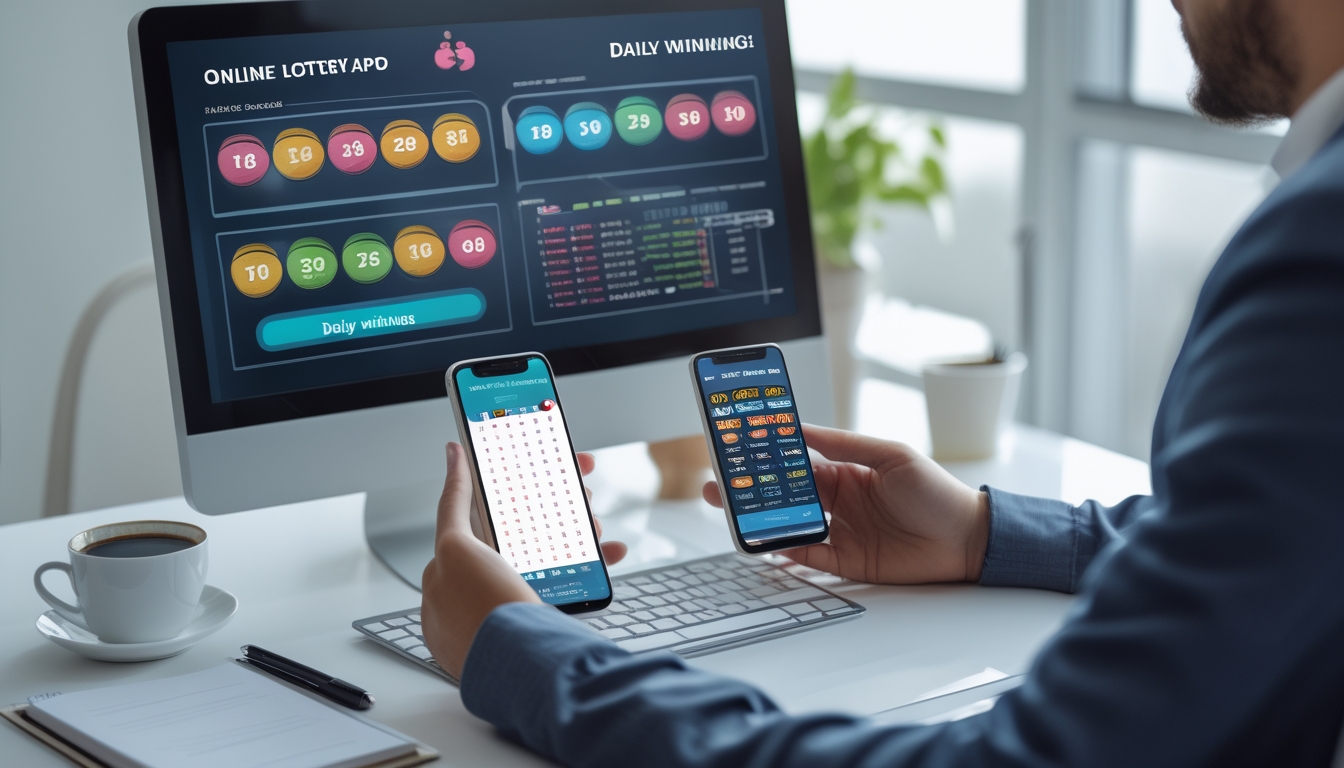 Orang menggunakan komputer dan ponsel di meja kerja untuk bermain togel online dengan suasana yang rapi dan terang.