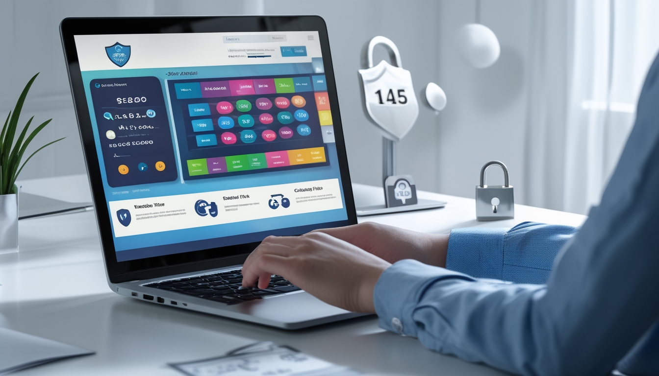 Meja kerja modern dengan laptop yang menampilkan situs togel online, dilengkapi ikon keamanan dan suasana yang profesional.