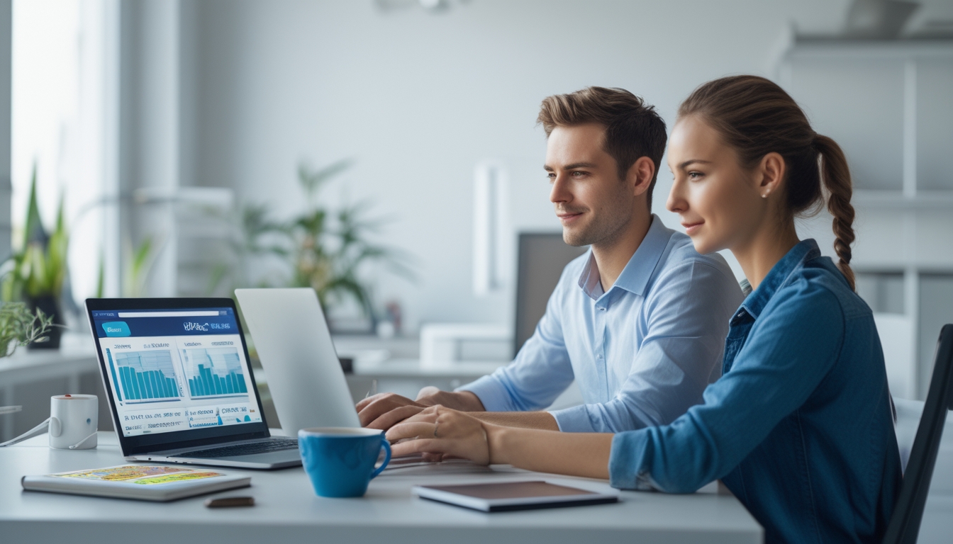 Dua orang dewasa muda duduk di meja kantor modern sambil melihat layar laptop dengan grafik, menunjukkan suasana kerja yang profesional dan fokus.