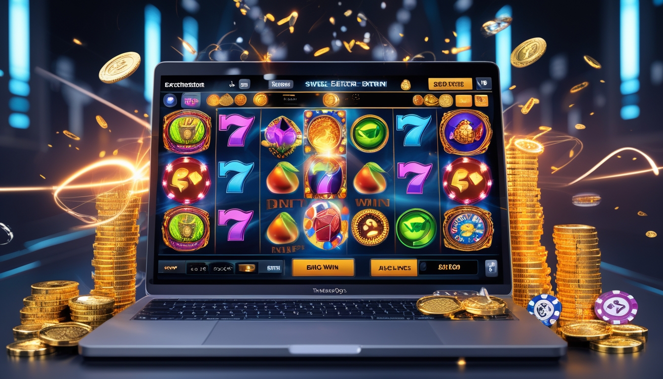 Seorang pemain menggunakan komputer dengan tampilan permainan slot online yang sedang aktif, dikelilingi oleh tumpukan koin emas dan simbol kemenangan.