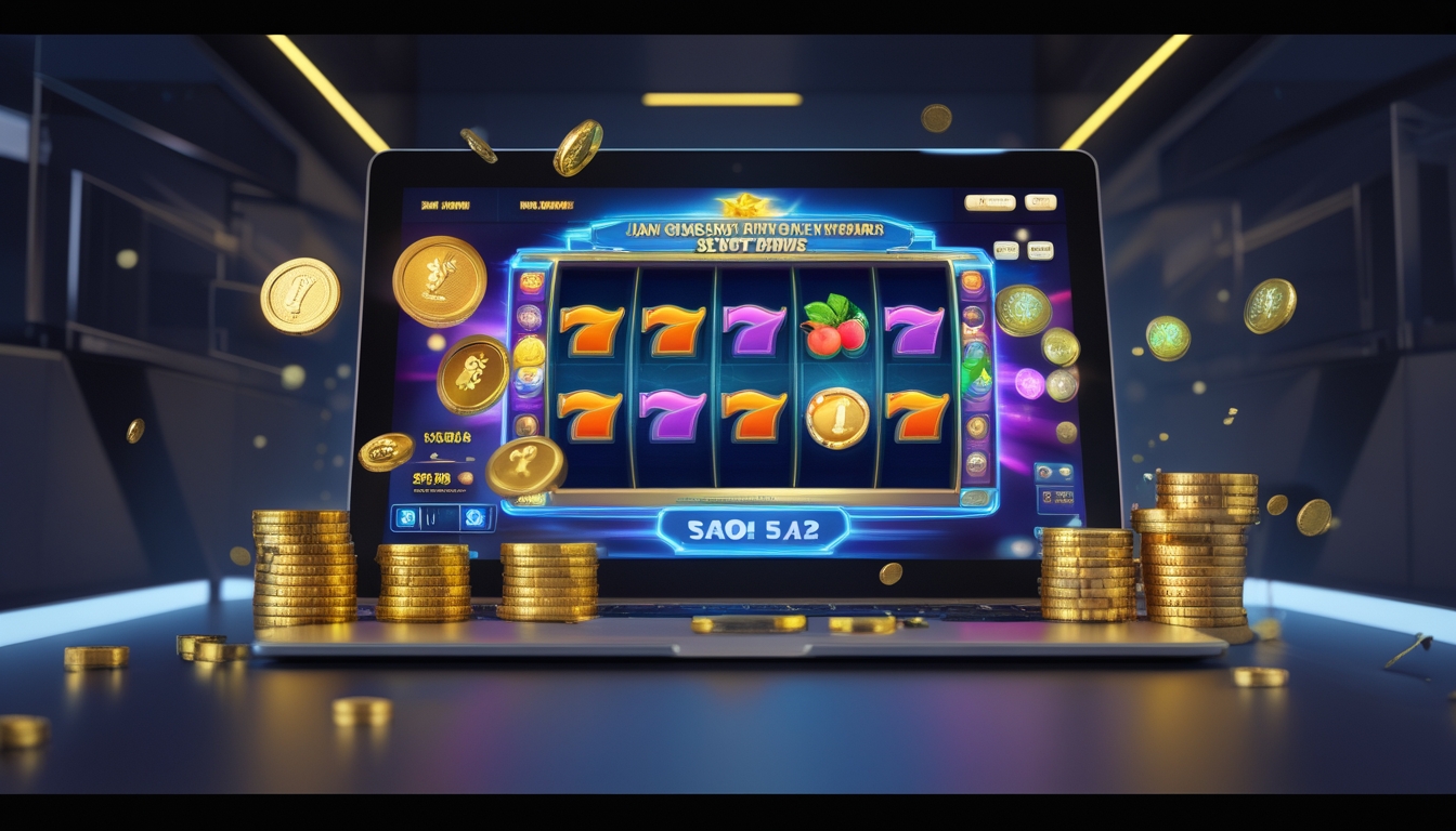 Seorang pemain menggunakan laptop dengan layar menampilkan permainan slot online yang berwarna-warni dan simbol kemenangan, dikelilingi oleh tumpukan koin dan jam digital.