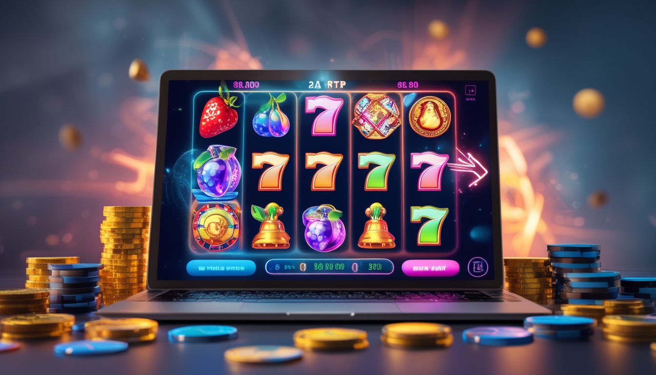 Seorang pengguna komputer melihat layar dengan permainan slot online yang berwarna-warni, dikelilingi oleh tumpukan chip poker dan koin emas.