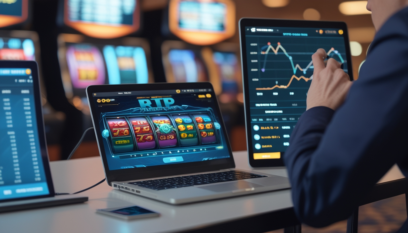 Seorang pengguna sedang berinteraksi dengan laptop yang menampilkan permainan slot online dengan grafik dan statistik RTP di tablet di sebelahnya.