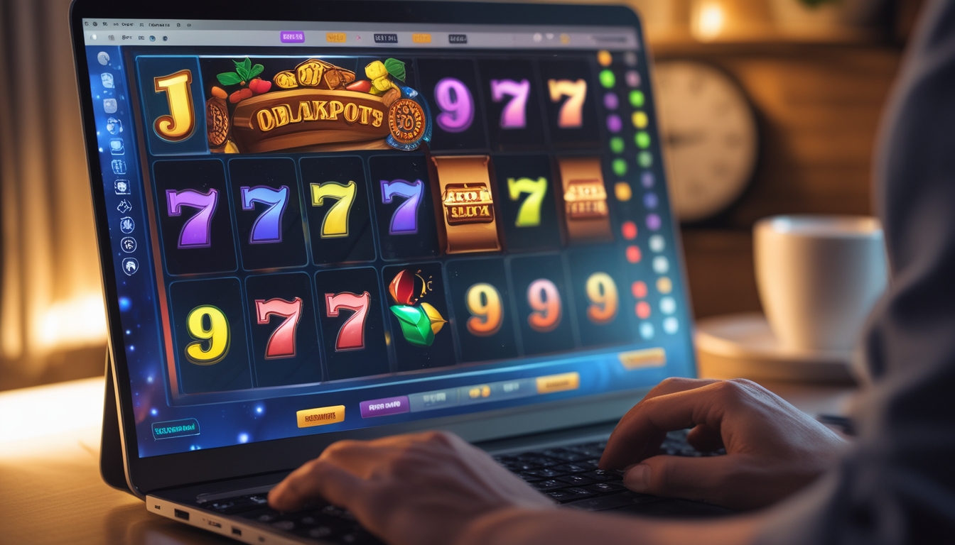 Seorang pemain sedang menggunakan komputer dengan layar menampilkan permainan slot online yang berwarna-warni di ruangan yang nyaman dan terang.