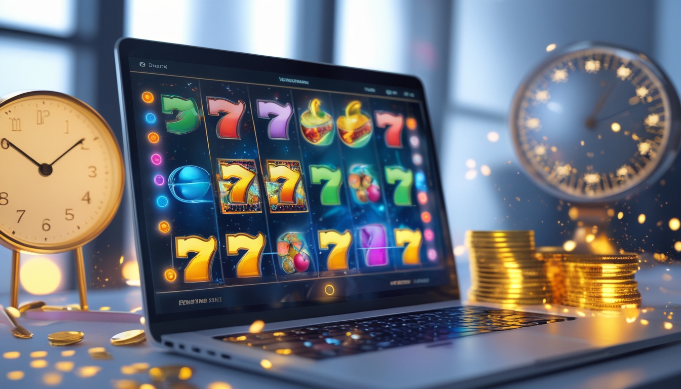 Sebuah layar komputer menampilkan permainan slot online dengan simbol warna-warni, diiringi oleh jam dan koin emas yang melambangkan waktu keberuntungan dan keberuntungan.