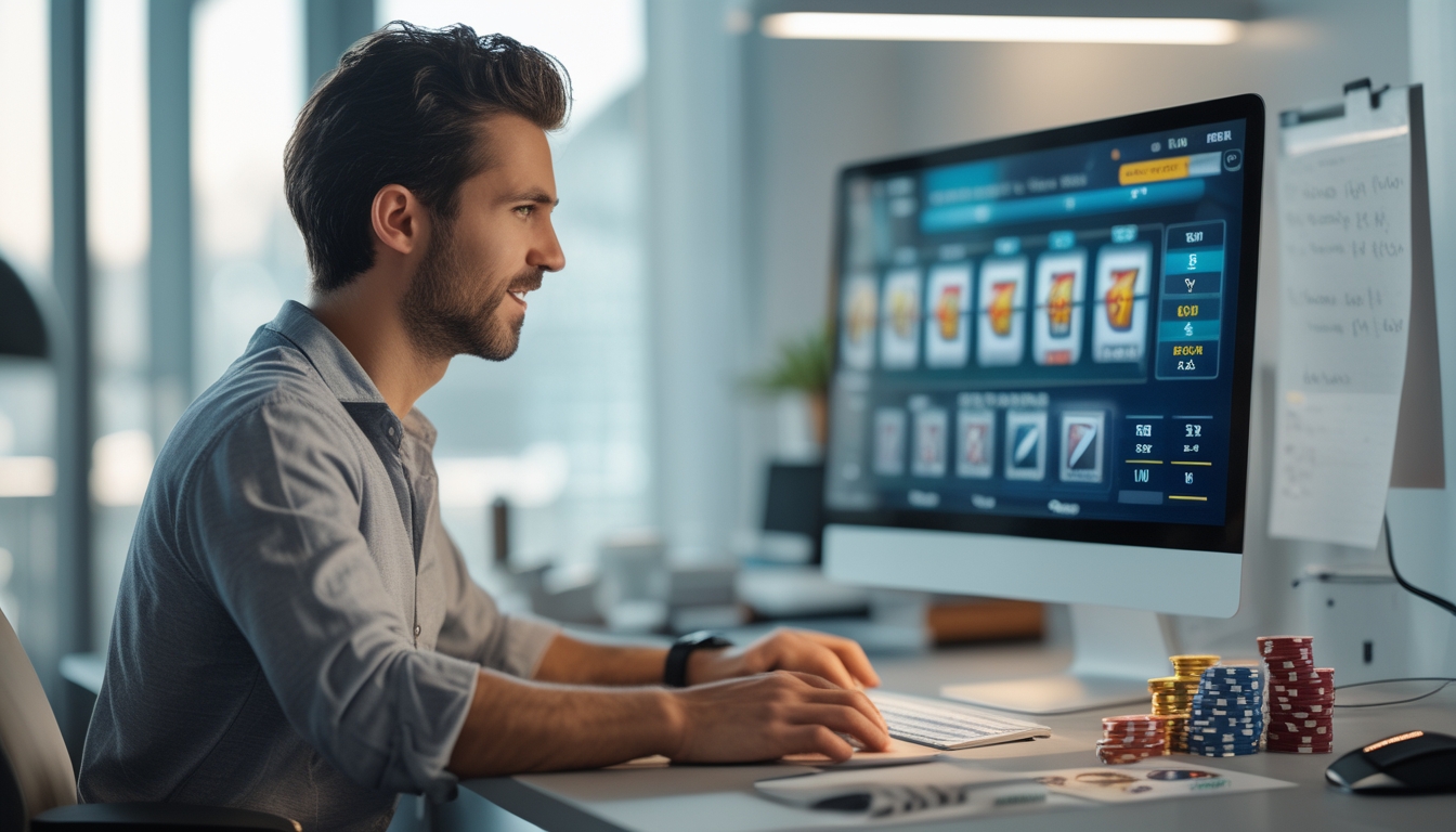 Seorang pria duduk di depan komputer dengan fokus bermain permainan slot online, di meja terdapat chip poker dan catatan strategi.