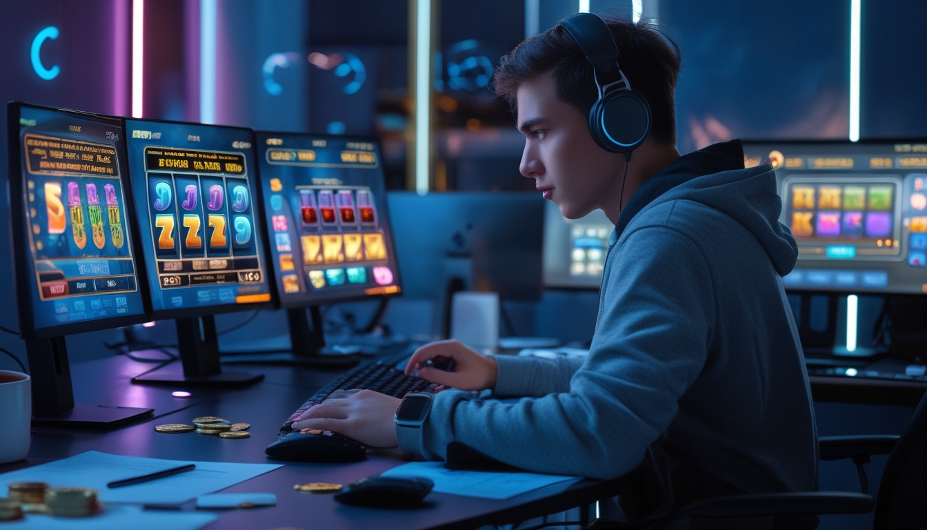 Seorang pria muda fokus bermain permainan slot online di depan beberapa layar komputer di sebuah ruangan gaming yang modern.