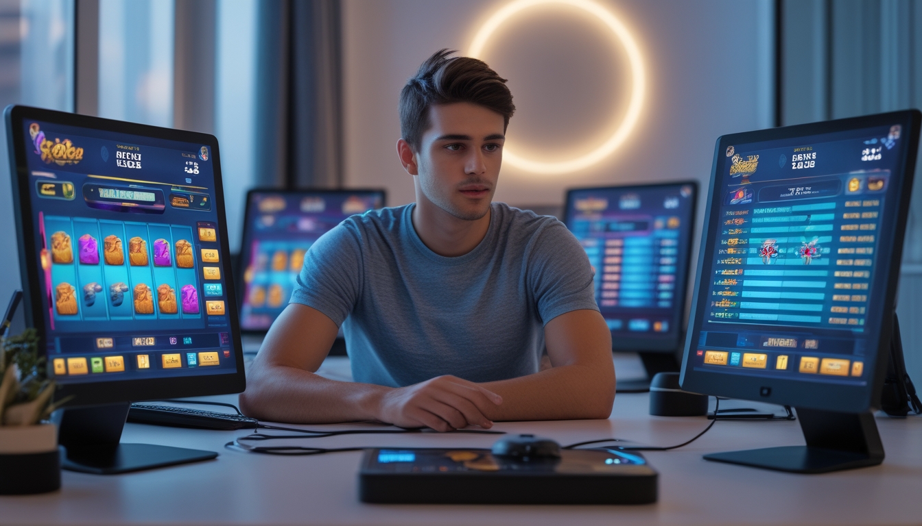 Seorang pria muda duduk di meja dengan beberapa perangkat digital yang menampilkan permainan slot dan grafik, terlihat fokus menganalisis data dalam ruangan yang nyaman.