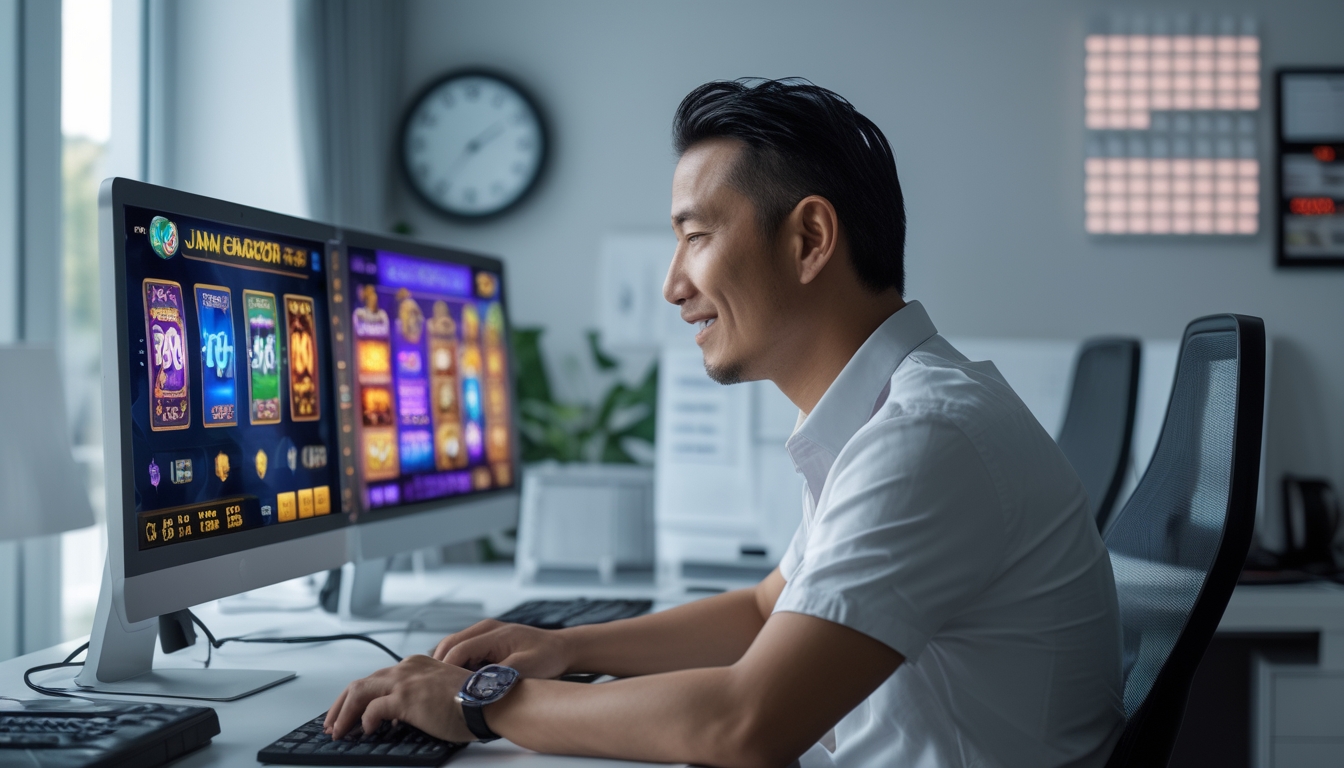Seorang pria dewasa duduk di depan komputer dengan beberapa layar menampilkan permainan slot online, terlihat fokus dan percaya diri dalam ruangan yang rapi dan terang.