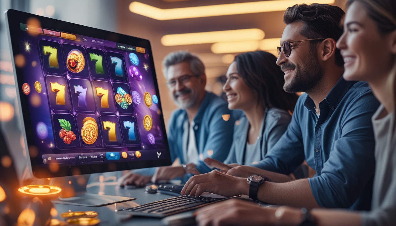 Orang-orang sedang bermain permainan slot online di komputer dengan latar belakang suasana yang cerah dan menyenangkan.