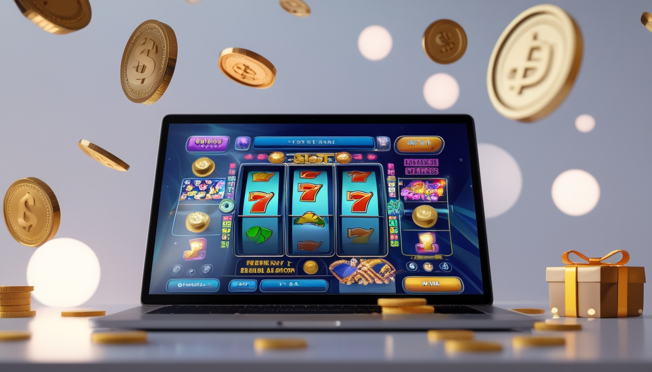 Seorang pengguna sedang bermain mesin slot online di komputer dengan simbol kemenangan dan elemen hadiah di sekitar layar.