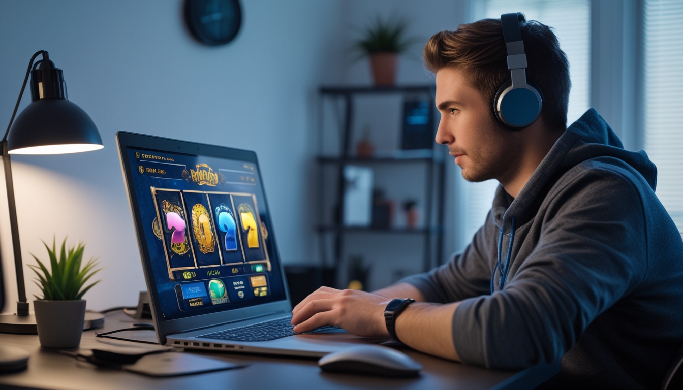 Seorang pria muda duduk di meja dengan laptop, fokus bermain permainan slot online di ruang kerja rumah yang nyaman dengan jam di dinding.