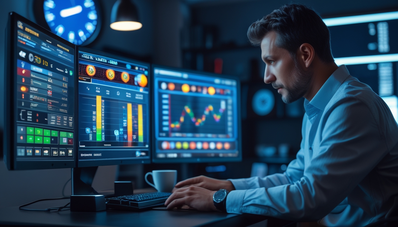 Seorang pria dewasa sedang fokus bermain mesin slot online di depan beberapa layar komputer dengan grafik warna-warni dan jam dinding di latar belakang.