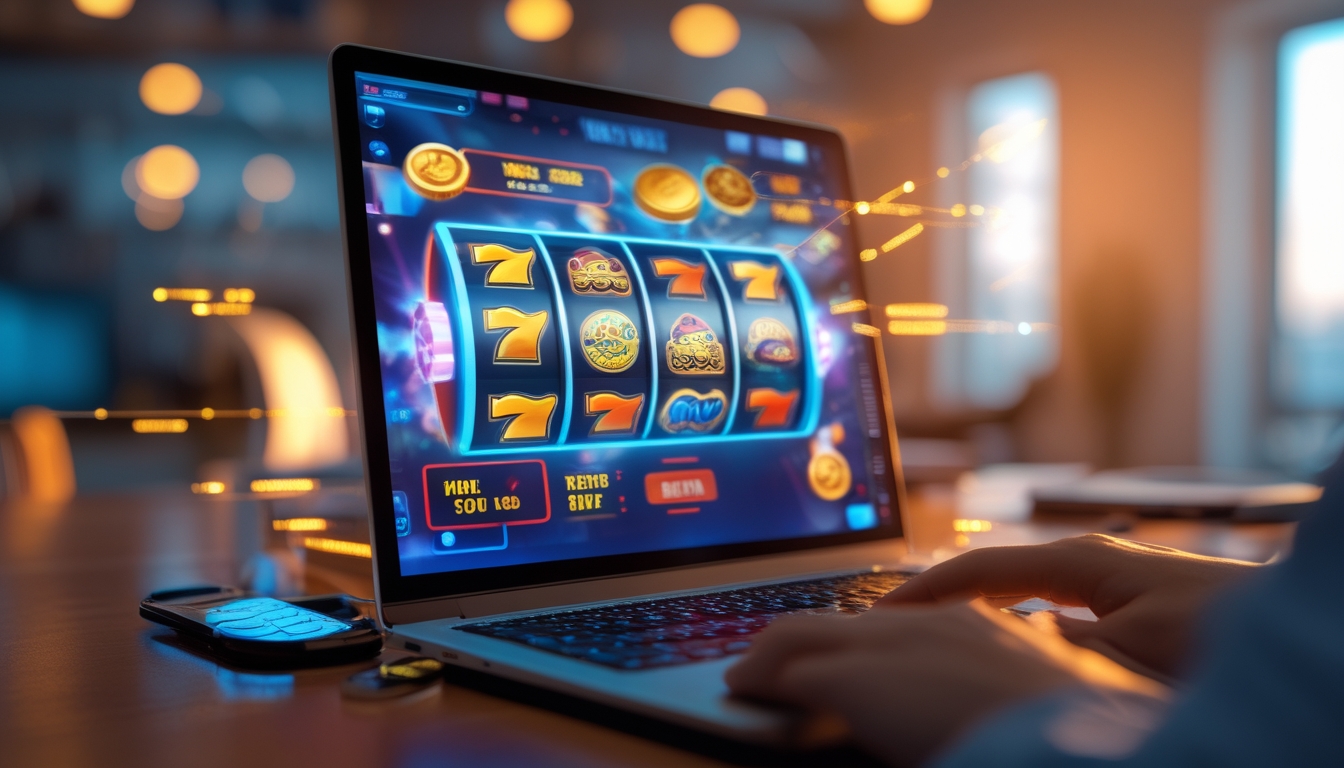 Seorang pemain sedang menggunakan komputer dengan layar menampilkan permainan mesin slot online yang berwarna-warni dan menarik.