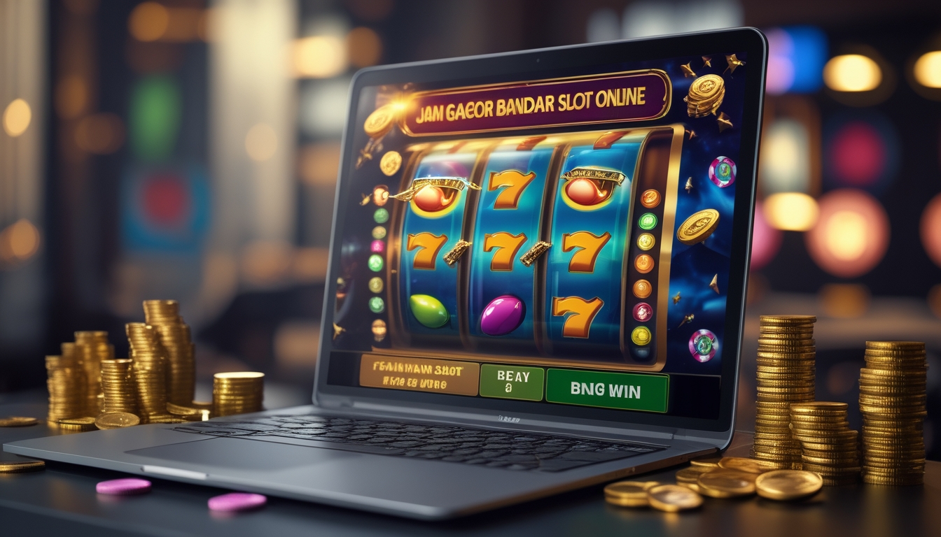 Layar komputer menampilkan mesin slot online dengan simbol berwarna-warni dan koin emas di sekitarnya, menunjukkan suasana kemenangan dalam permainan slot.