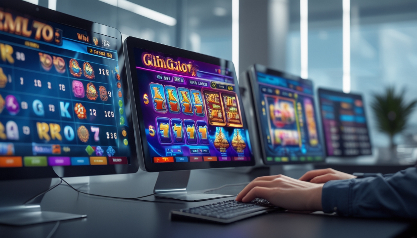 Seseorang bermain mesin slot online di depan komputer dengan beberapa layar menampilkan permainan slot berwarna-warni di sebuah ruang kerja modern.