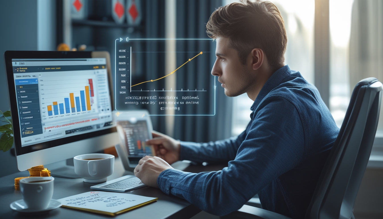 Seorang pria muda duduk di meja modern sambil melihat layar laptop dengan grafik dan catatan, dikelilingi oleh elemen terkait permainan slot online.