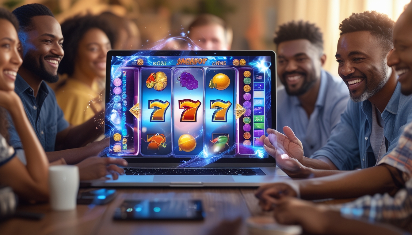 Orang-orang sedang bermain mesin slot online dengan ekspresi senang dan fokus di depan layar komputer yang menampilkan simbol jackpot berwarna-warni.