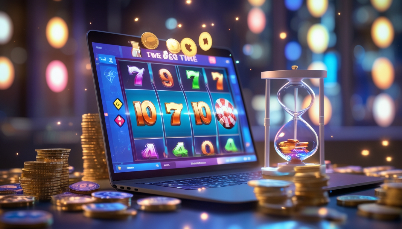 Seorang pemain menggunakan perangkat digital dengan tampilan permainan slot online yang berwarna-warni, di latar belakang terdapat elemen jam dan koin yang melambangkan waktu terbaik untuk mendapatkan jackpot besar.
