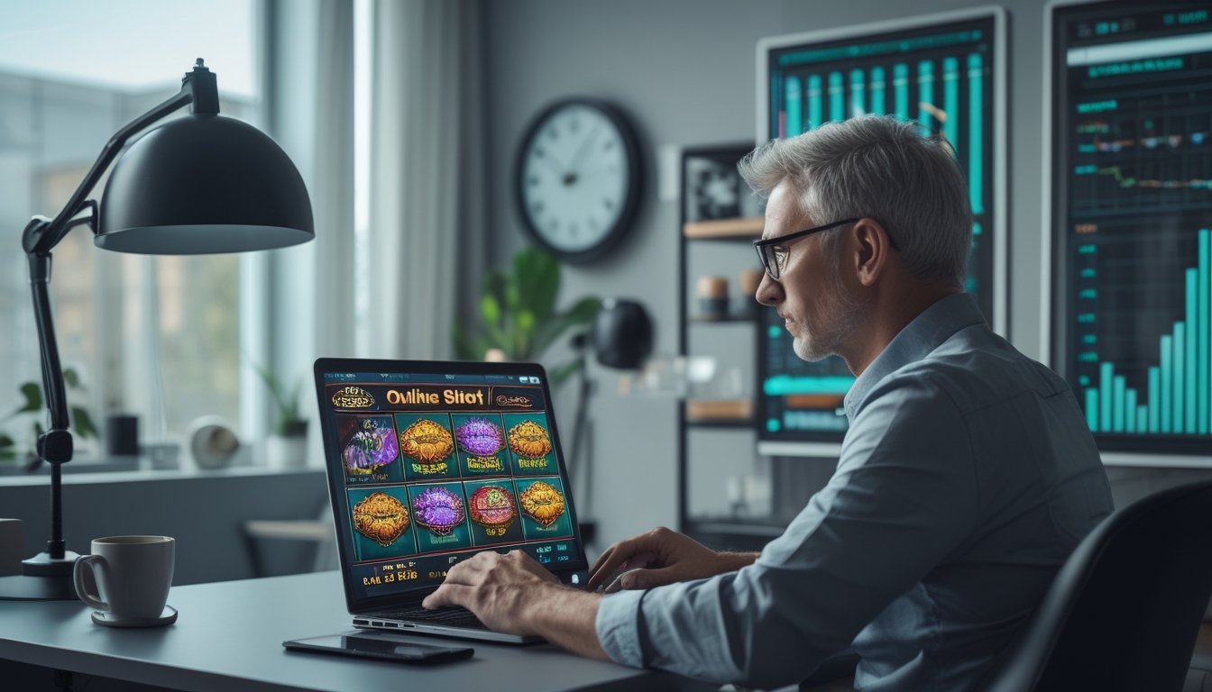 Seseorang duduk di meja dengan laptop yang menampilkan permainan slot online, di latar belakang terlihat jam dinding.