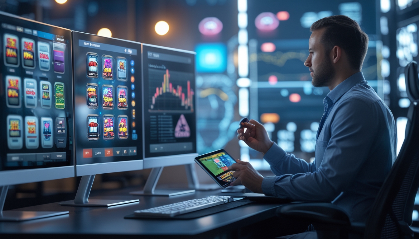 Seseorang sedang menganalisis data jam ramai dan sepi pada layar komputer dengan tampilan permainan slot online dan grafik di meja kerja.