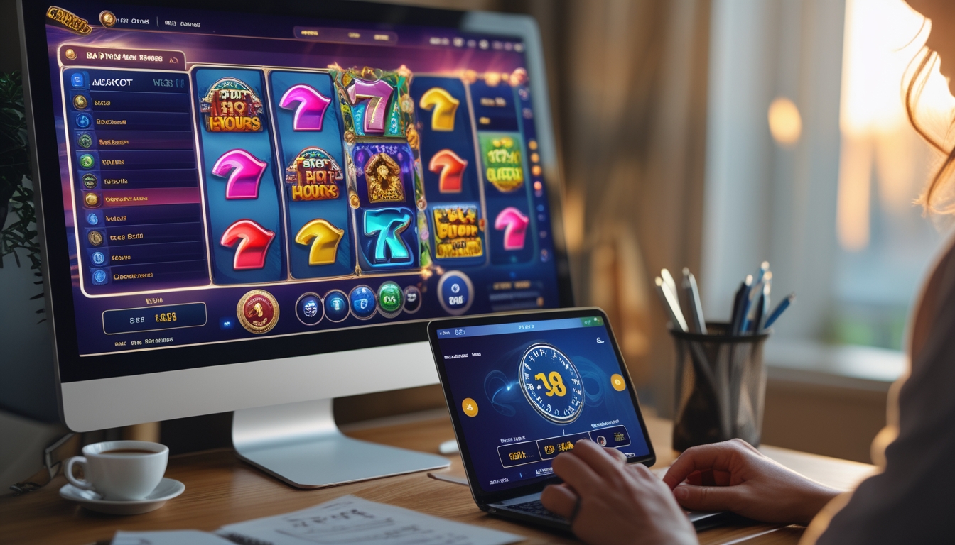 Seorang pemain duduk di depan komputer dengan permainan slot online di layar, di meja terdapat catatan dan jam yang menunjukkan waktu tertentu.