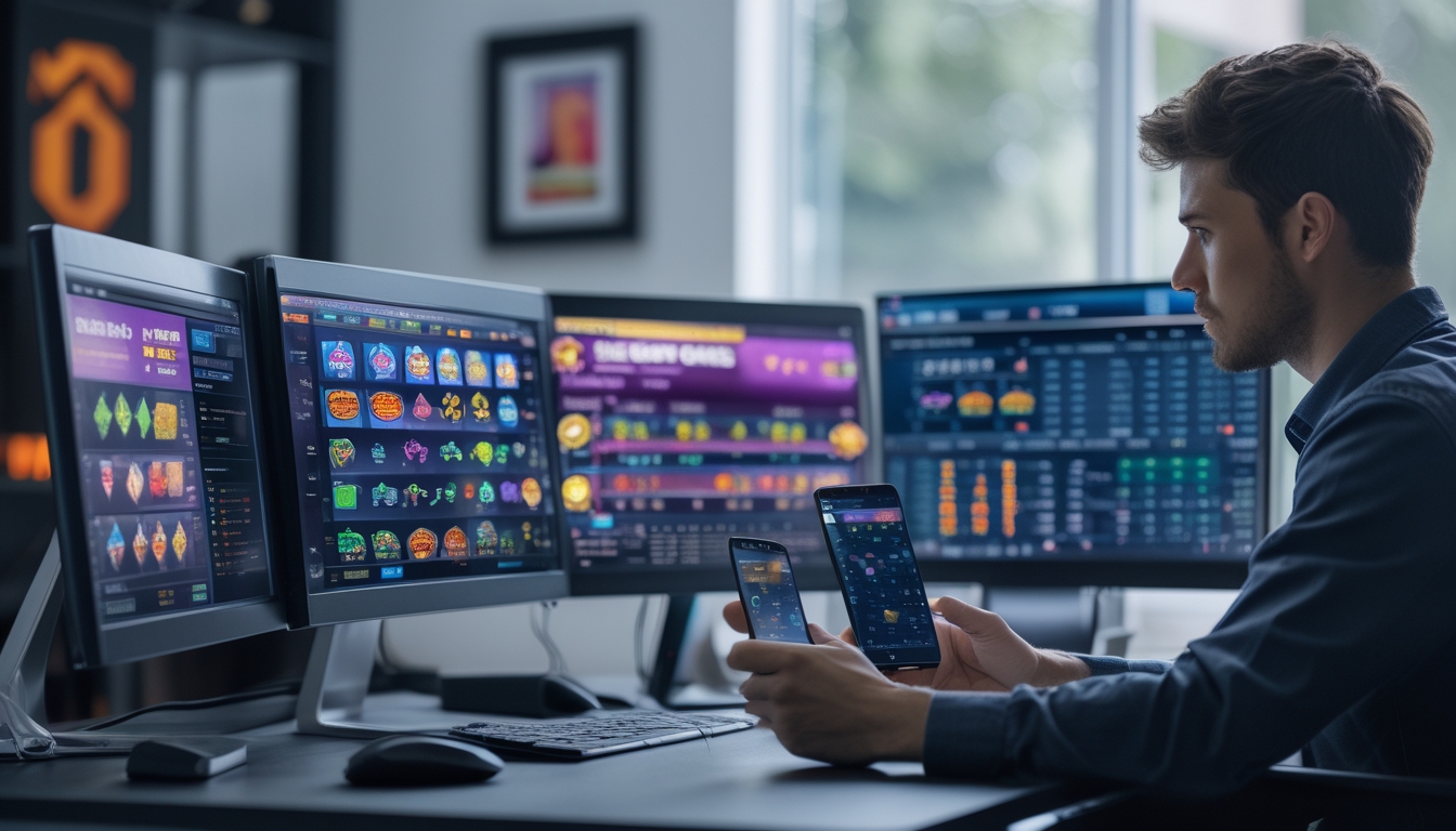 Seorang pria muda fokus duduk di meja dengan beberapa layar digital menampilkan permainan slot dan grafik waktu bermain terbaik.