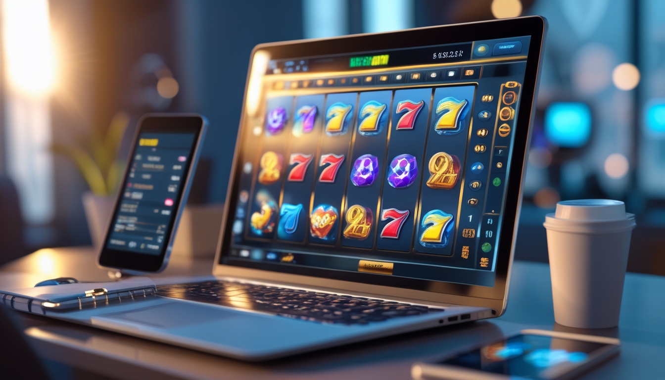 Seorang pemain duduk di depan komputer dengan layar menampilkan permainan slot online yang berwarna-warni, di meja terdapat kopi, ponsel, dan catatan strategi.
