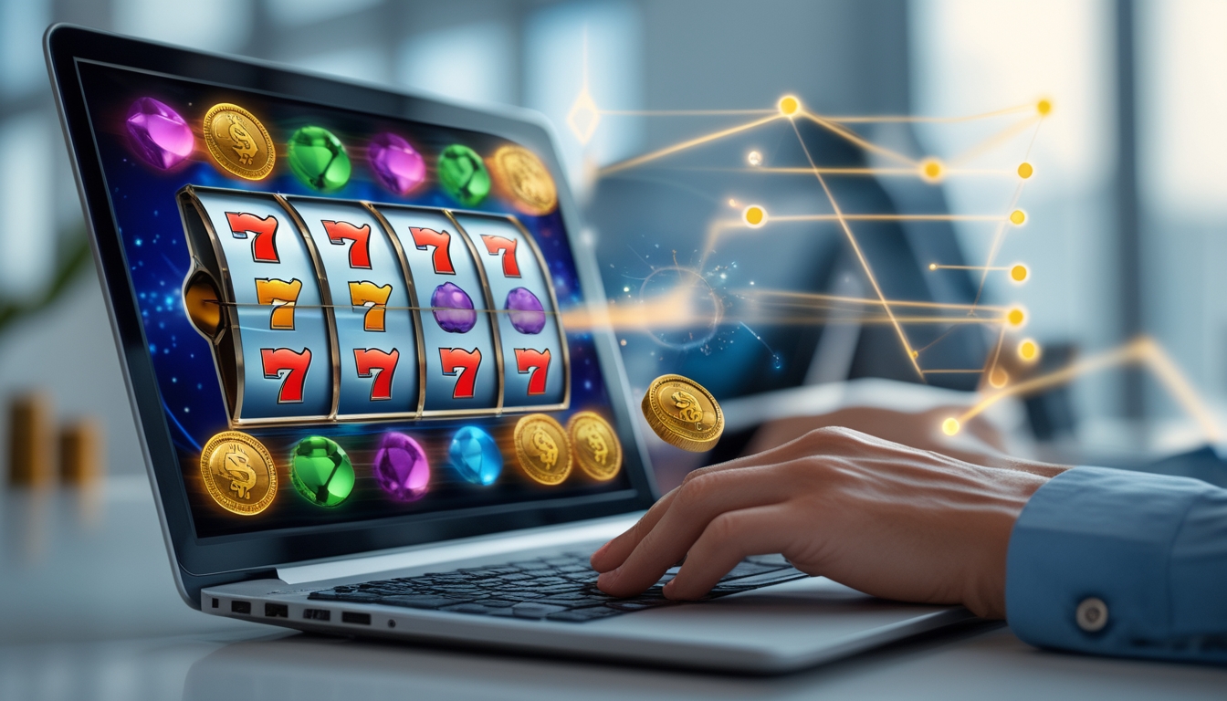 Seseorang bermain mesin slot online di komputer dengan tampilan simbol kemenangan yang berwarna-warni.
