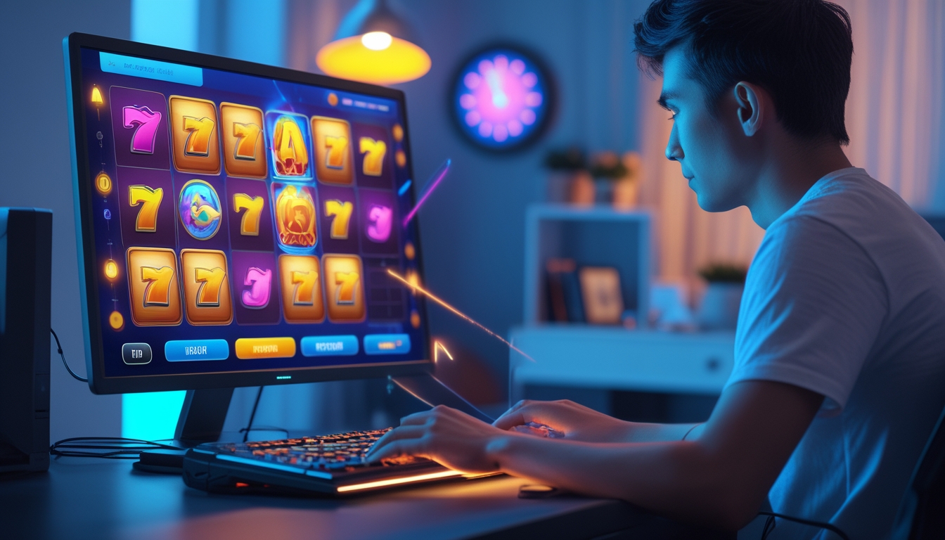 Seseorang sedang menggunakan komputer dengan permainan slot online di layar, terlihat fokus dan percaya diri di ruang kerja yang terang.