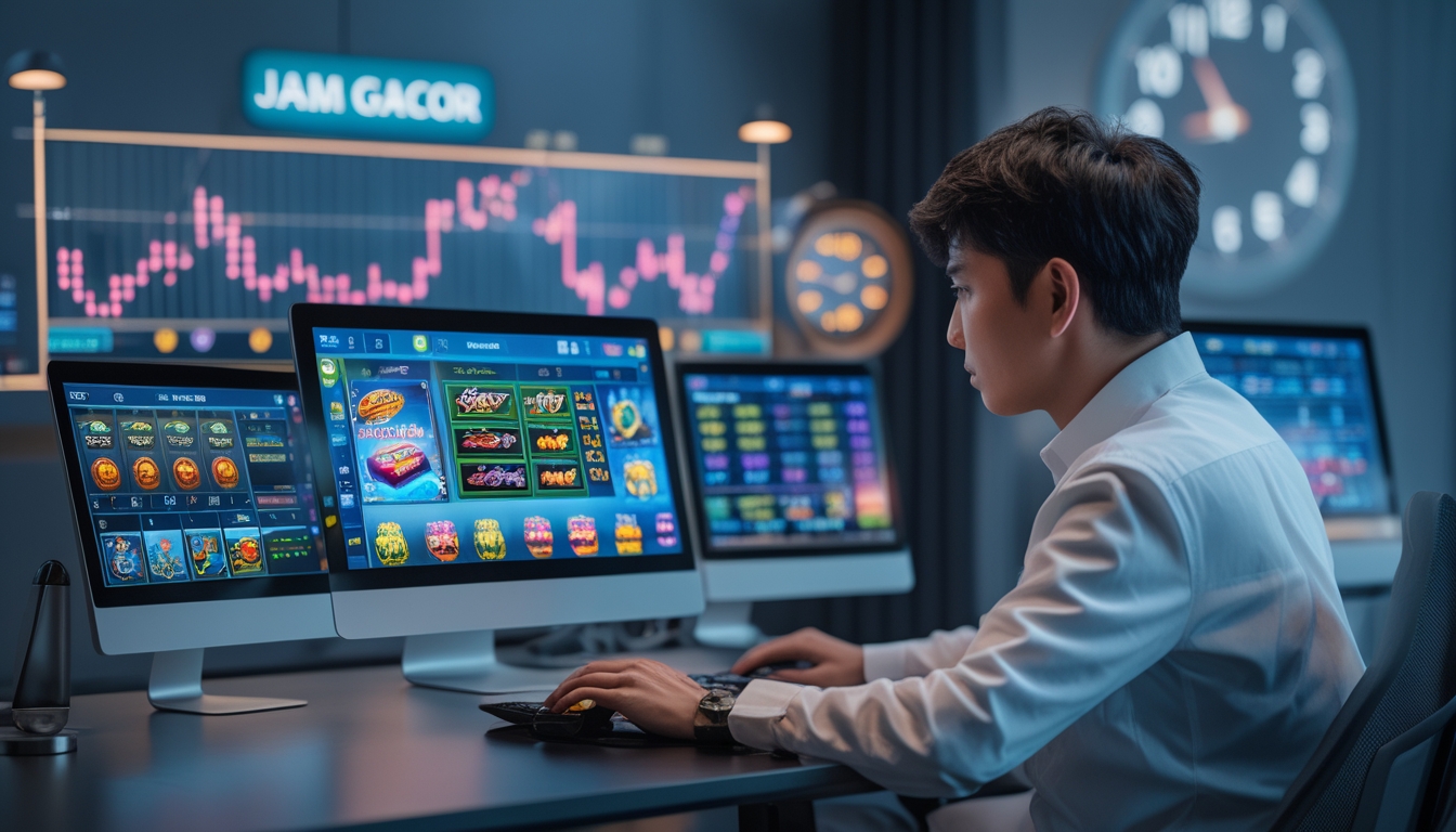 Seorang pria dewasa fokus bermain slot online di depan beberapa perangkat digital dengan grafik waktu dan permainan slot di layar.