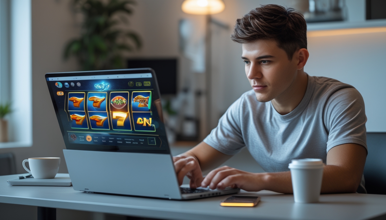 Seorang pria muda duduk di meja dengan laptop yang menampilkan permainan slot online, terlihat fokus dan serius.