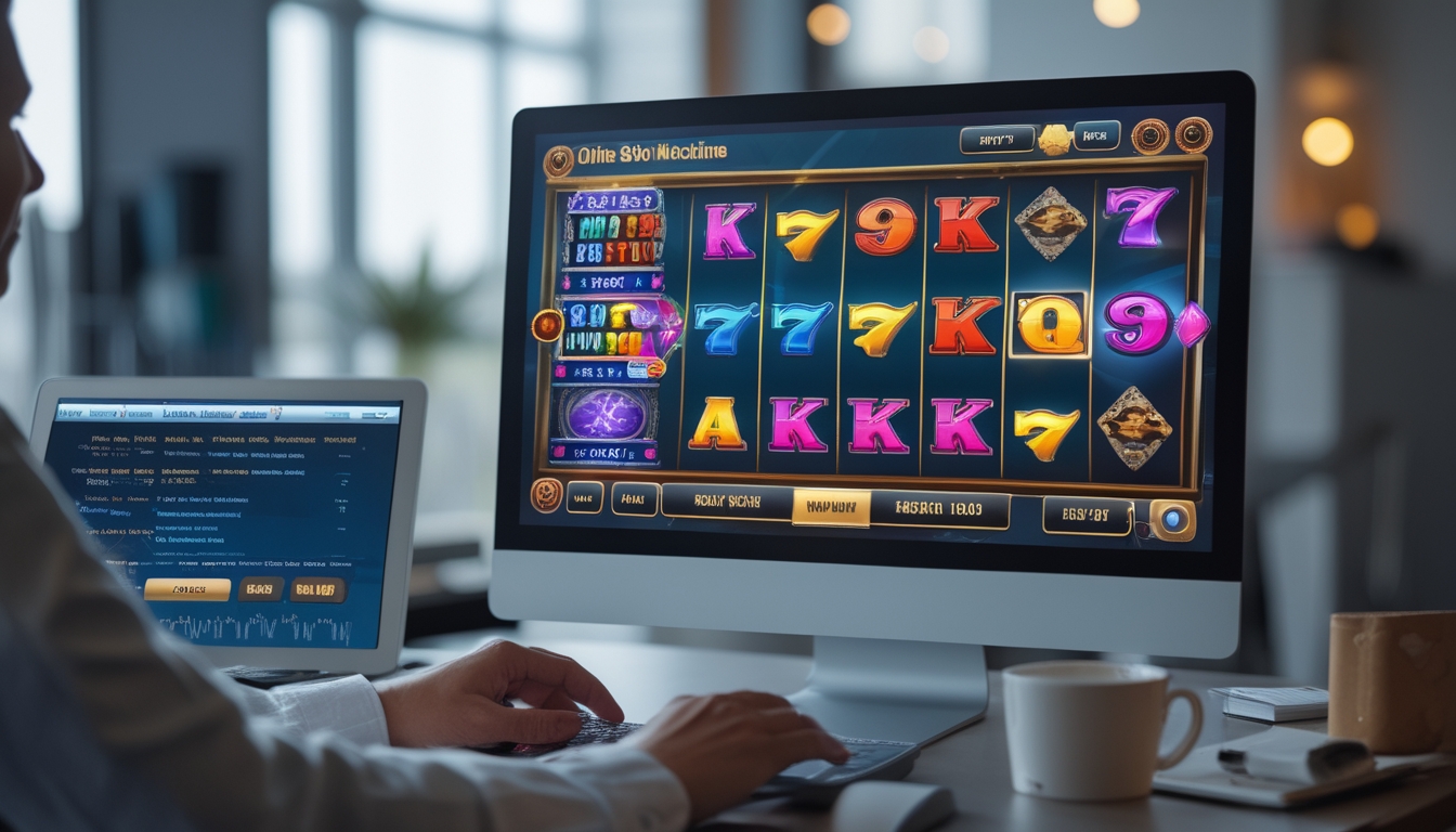 Seseorang sedang bermain mesin slot online di depan komputer di ruang kerja modern dengan suasana tenang.