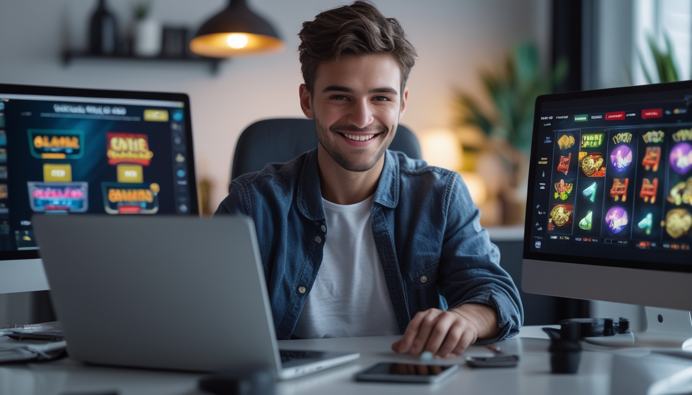 Seorang dewasa muda duduk di meja dengan beberapa layar komputer menampilkan permainan slot online, menggunakan laptop dan ponsel dengan ekspresi fokus dan senang.