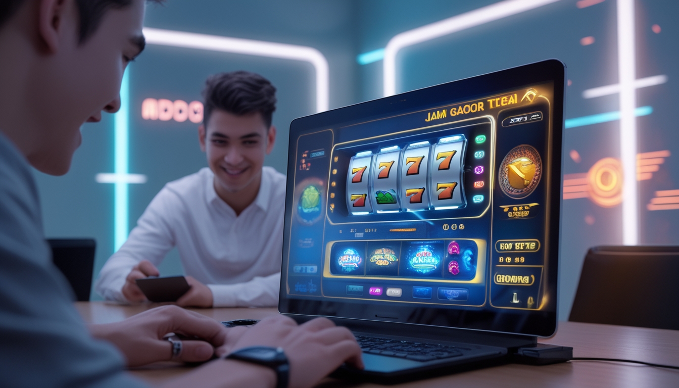 Seorang pria muda fokus menggunakan laptop dengan tampilan permainan slot online berwarna-warni di layar.