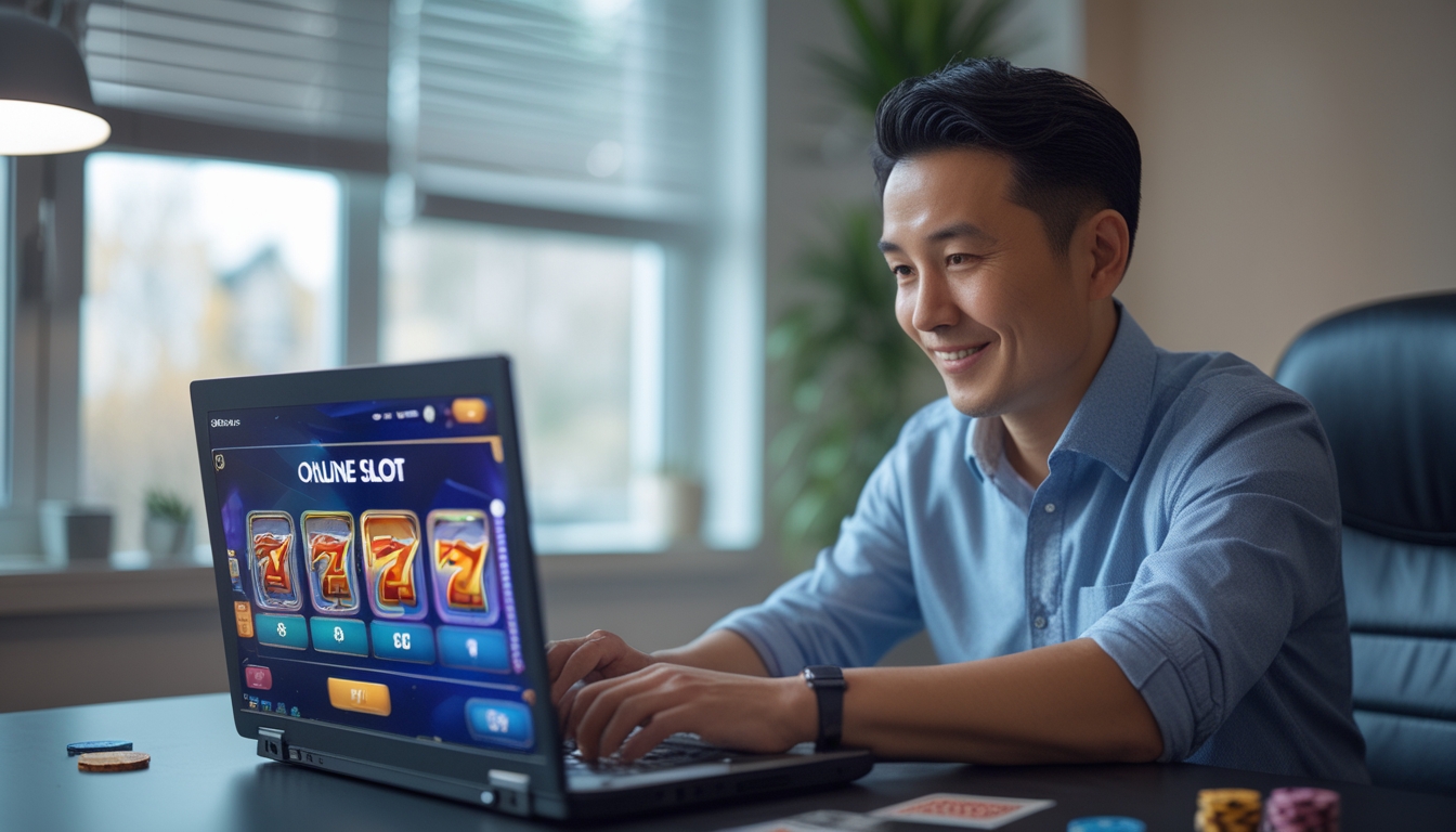 Seorang pria Asia duduk di meja dengan laptop yang menampilkan permainan slot online, terlihat fokus dan tersenyum di ruangan dengan pencahayaan alami.