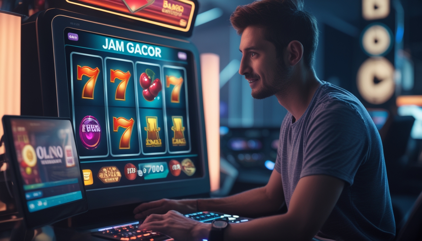 Seorang pemain sedang bermain mesin slot digital dengan layar berwarna cerah dan jam digital di latar belakang yang menunjukkan waktu optimal bermain.