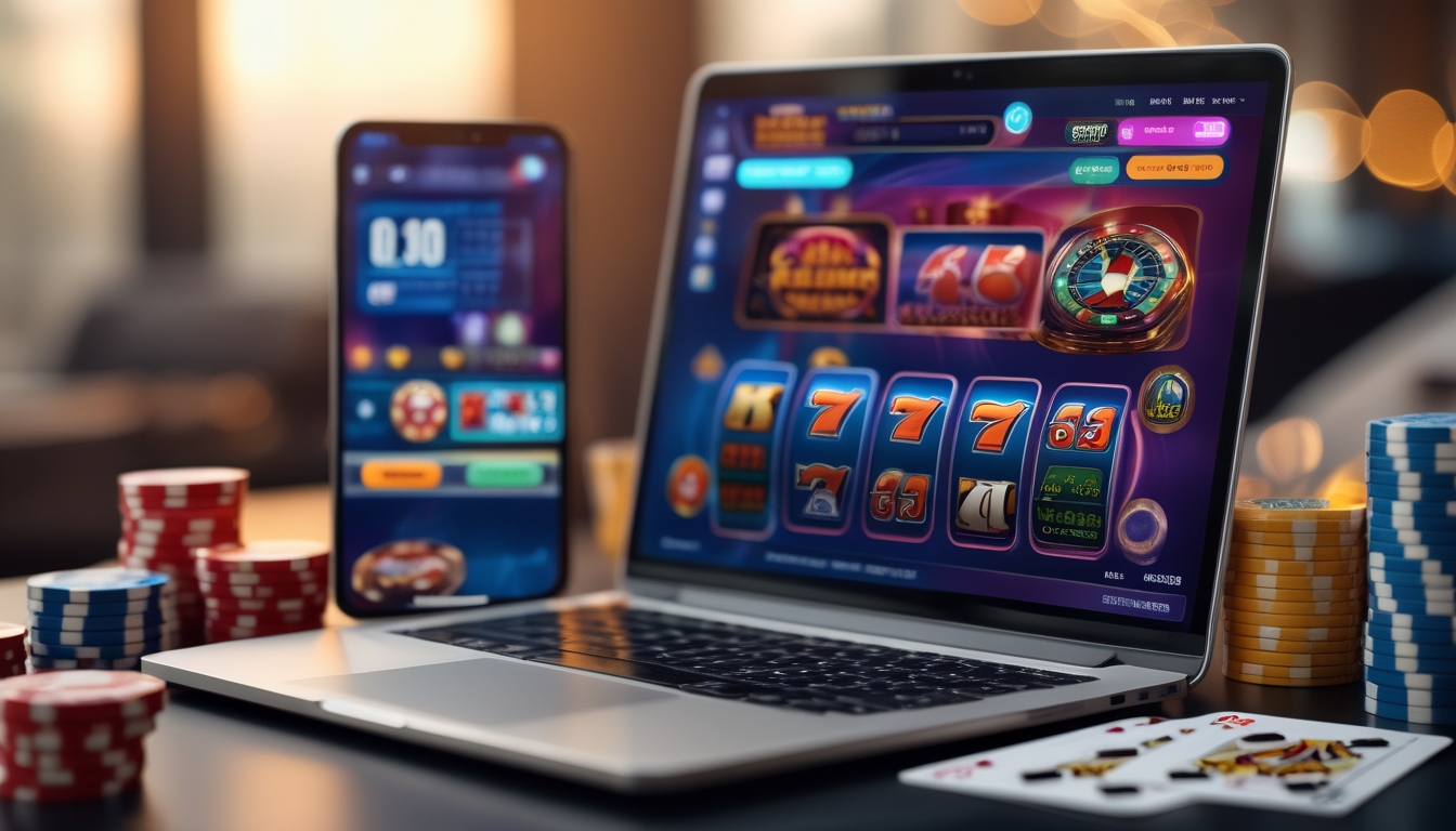 Sebuah meja kerja modern dengan laptop menampilkan permainan slot online dan jam digital yang menunjukkan waktu terbaik untuk bermain.