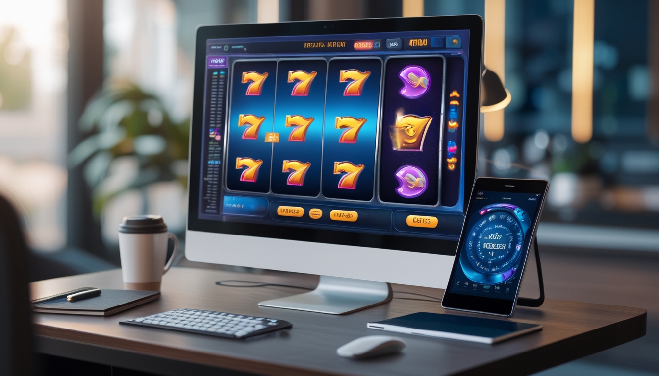 Meja kerja dengan komputer yang menampilkan permainan slot online dan jam digital yang menunjukkan waktu terbaik untuk bermain.