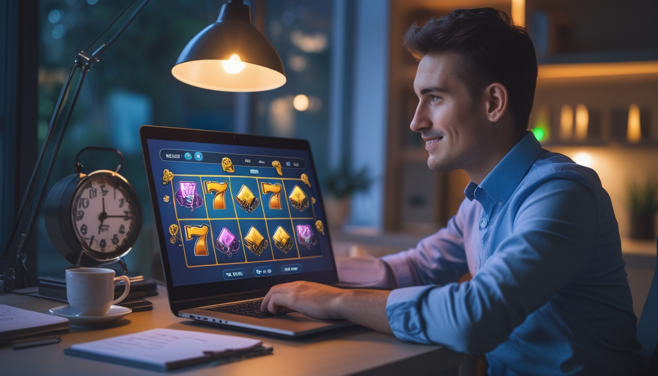 Seseorang sedang bermain permainan slot online di laptop di ruang kerja dengan suasana hangat dan jam di latar belakang.