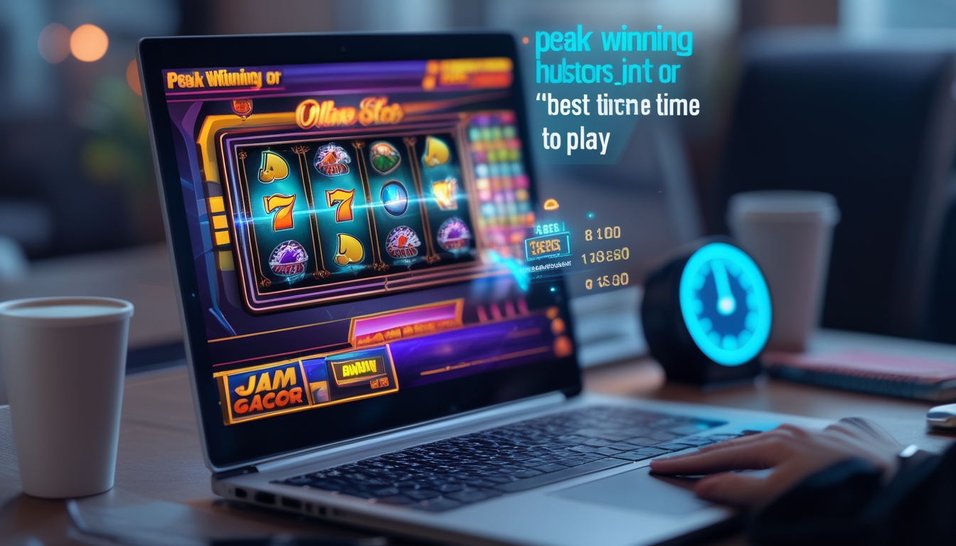 Seorang pemain sedang bermain slot online di komputer dengan layar menampilkan permainan slot yang berwarna-warni dan jam digital menunjukkan waktu tertentu.