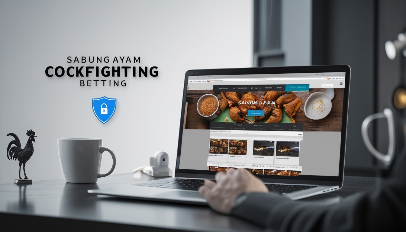 Seorang pengguna duduk di depan laptop dengan tampilan situs taruhan sabung ayam online, dikelilingi oleh elemen yang menunjukkan keamanan dan suasana kerja yang fokus.