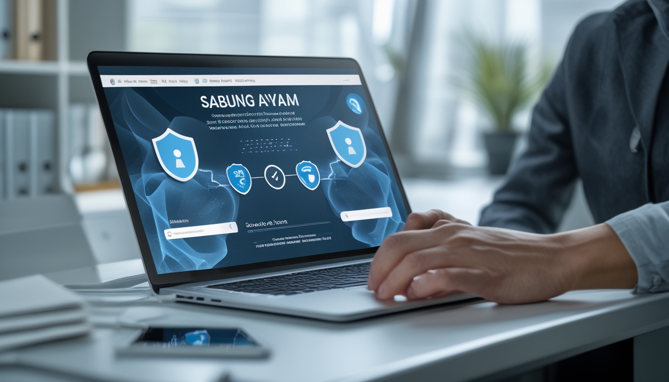 Seseorang menggunakan laptop di ruang kerja yang rapi dengan simbol keamanan digital seperti ikon gembok terlihat di layar.