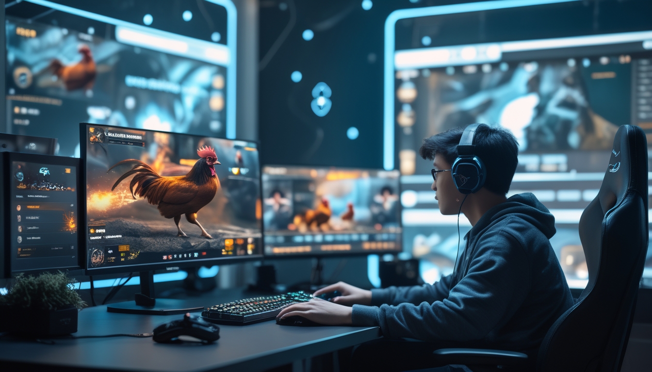 Seorang pria muda sedang bermain game sabung ayam online di depan beberapa layar komputer dengan suasana ruangan yang modern dan pencahayaan yang terang.