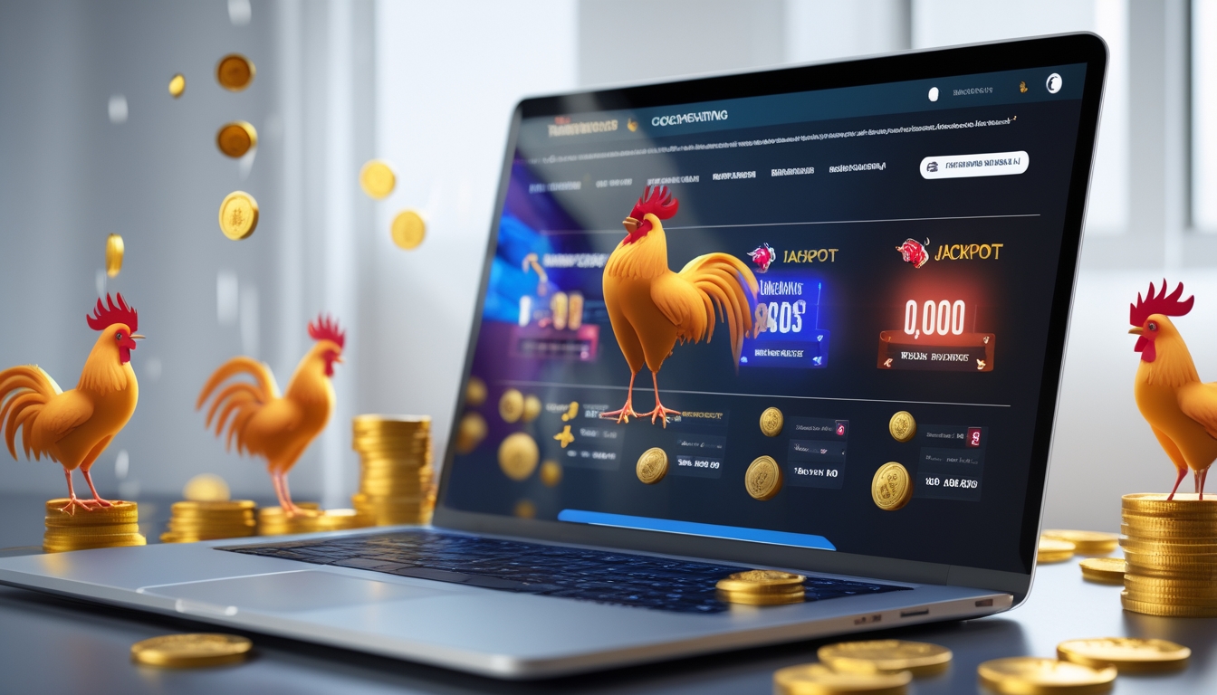 Sebuah laptop atau ponsel menampilkan situs taruhan ayam aduan dengan latar belakang elemen koin emas dan siluet ayam beradu.
